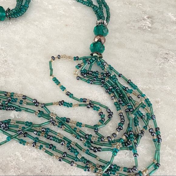 Vintage 90s Green Glass Beaded Long Necklace Crystal Multi-Strand Boho 39" - Picture 3 of 3